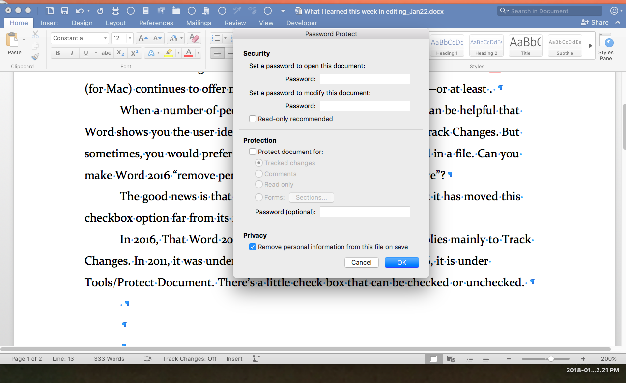 where do you show author or reviewer names in word for mac track changes?
